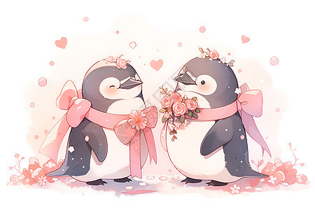 甜蜜喜庆的企鹅情侣图片