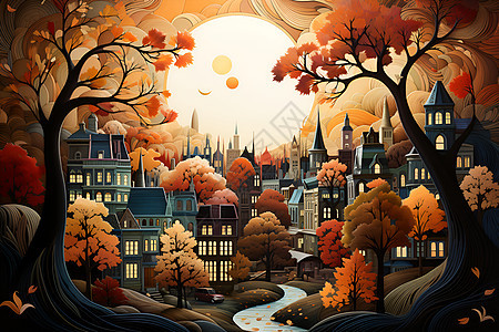 秋天里的小镇背景图片