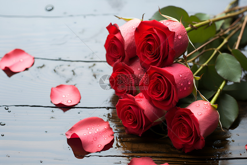 木质台面上的玫瑰图片