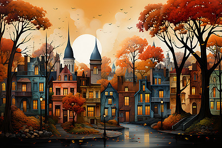 河流和秋天的城市图片