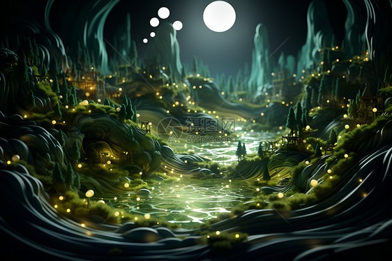 河畔明月林间星光图片