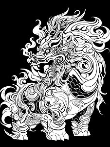 神兽麒麟的黑白线描背景图片