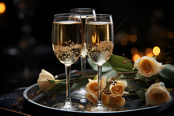 香槟酒与花束图片