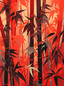 红色天空中繁茂竹木图片