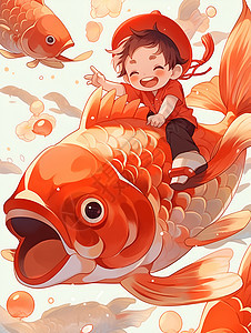 中国小孩骑在大金鱼上背景图片
