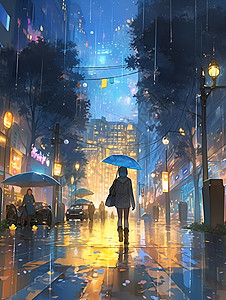 雨夜漫步的少女插图图片