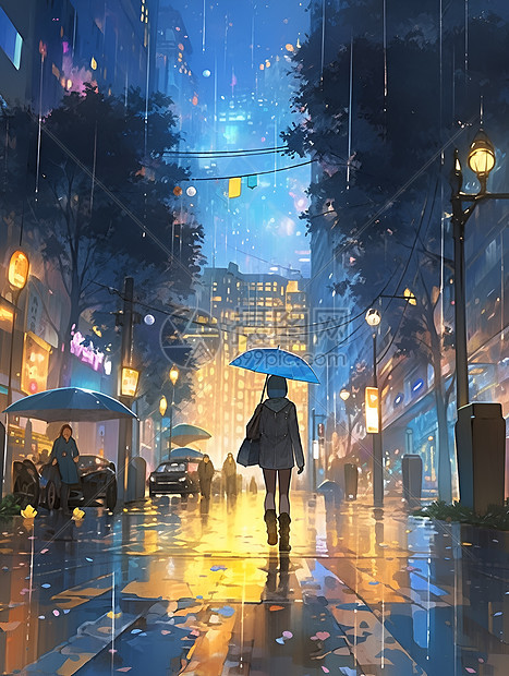 雨夜漫步的少女插图图片