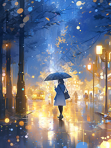 夜幕雨中行走的少女插图图片