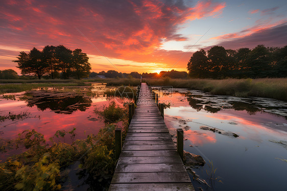 湖上黎明的木栈道图片