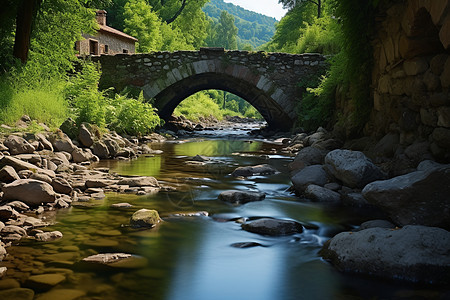 村庄中的石桥下流淌着一条河流背景图片