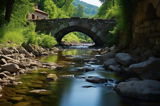 村庄中的石桥下流淌着一条河流图片