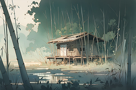 湿地里的小屋背景图片