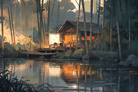 夕阳下的竹林小屋图片