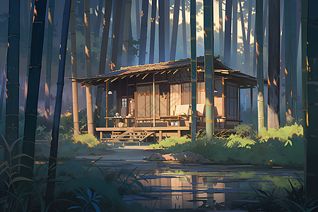 竹林中的神秘小屋背景图片