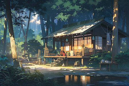 一座小屋矗立在竹林中图片