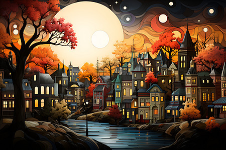 秋日神奇小镇的创意插图图片