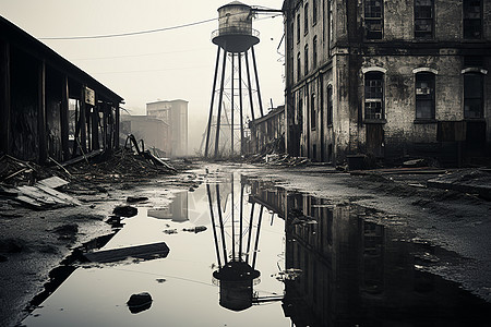 破旧工厂破旧城市道路上的积水背景