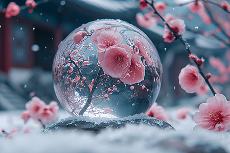 雪中梅花与水晶球图片
