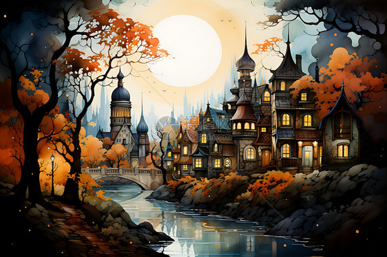 秋日色彩的小镇创意插图图片