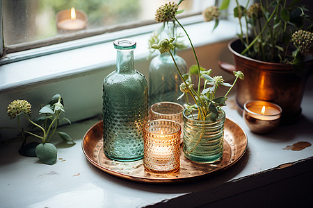 窗台上的花瓶和蜡烛托盘图片