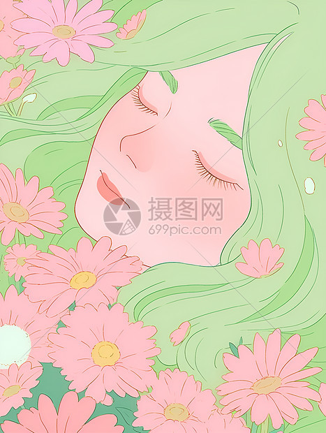 绿发女子的梦幻花园图片