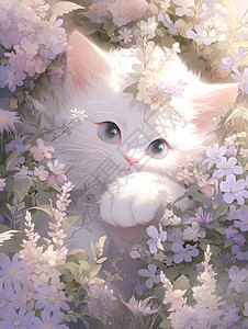 小白猫在紫色花丛中图片