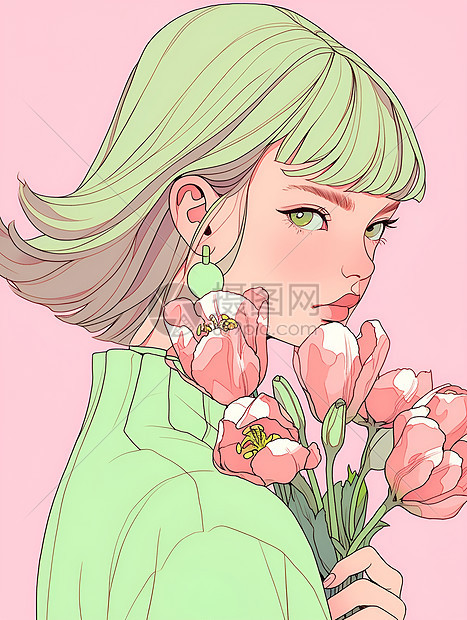 拿着花束的插画女性图片