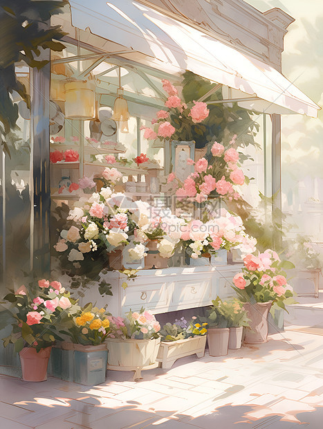 阳光照耀的花店图片