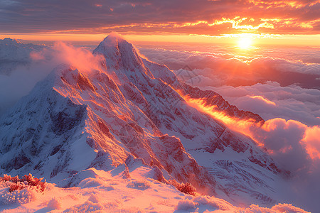 山脉剪影山顶上的壮观日出背景