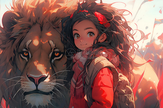 小女孩拥抱着一只狮子图片