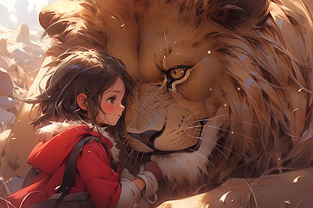 女孩依偎在狮子旁背景图片