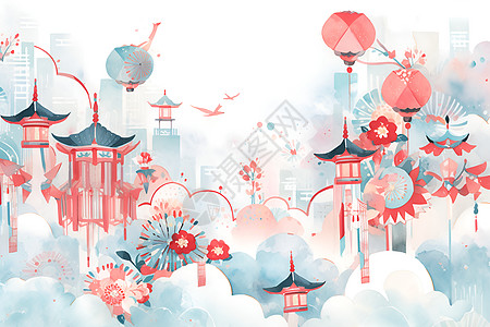 手绘艺术的中国风古建筑插图图片