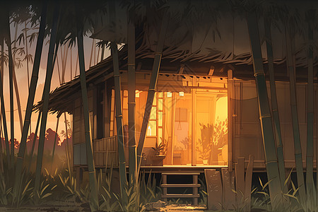 黄昏中的竹屋图片