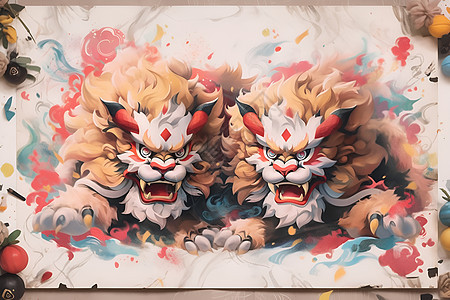 传统中国狮舞手绘画图片