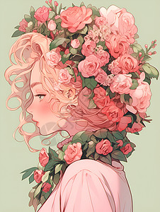 粉玫瑰头戴玫瑰花环的女孩插画