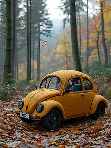 小黄车在树林中图片