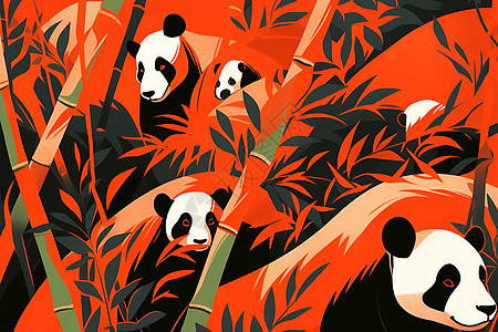 熊猫与红色竹林背景图片