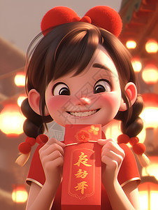 拿着红包微笑的中国小女孩背景图片