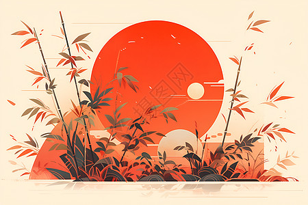 红色夕阳照耀的竹林背景图片