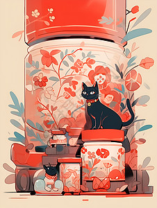 追逐红瓶的卡通猫咪插图图片