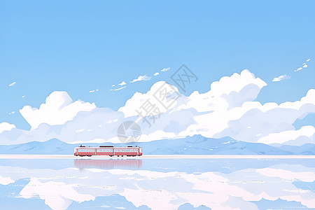 宁静湖泊上有一辆小火车图片