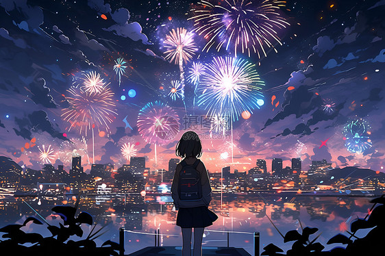 夜空的烟花和少女图片