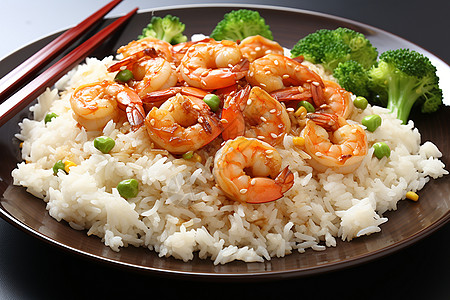 运动营养米饭上的虾仁背景