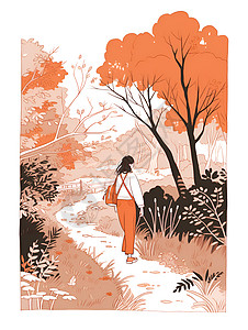 林间散步女孩插画