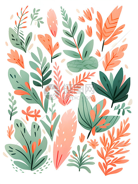 珊瑚色调的热带植物插画图片