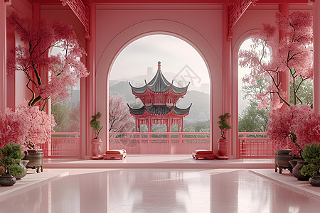 中式建筑设计复古粉红色的中式建筑设计图片