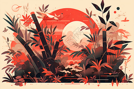 夕阳下的鸟语竹影背景图片