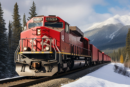 火车穿过雪覆盖的山林图片