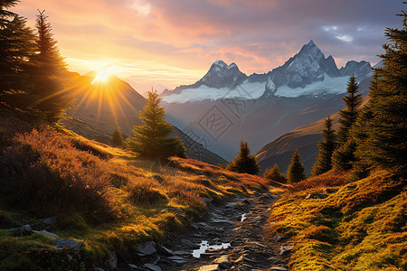 高山流水明媚秋日背景图片