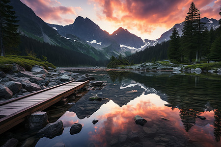 夕阳下的湖泊美景图片